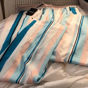 NWT DKNY Silky Wide Leg Striped Pants with Elastic, Tie-Adjustable Waist